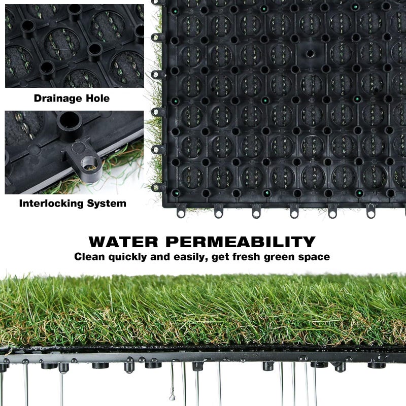 XLX TURF Outdoor Artificial Grass Tiles Interlocking Turf Squares 9 Pack, 12"x12" Fake Grass Mat for Balcony Patio Deck Flooring Decor, Pets Dog Pee Pad, Self-draining 8 Buckle System - Image 3
